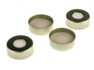 ND20 Closures, Open Top, Gold Magnetic Crimp Cap with Natural PTFE/White Silicone Septa